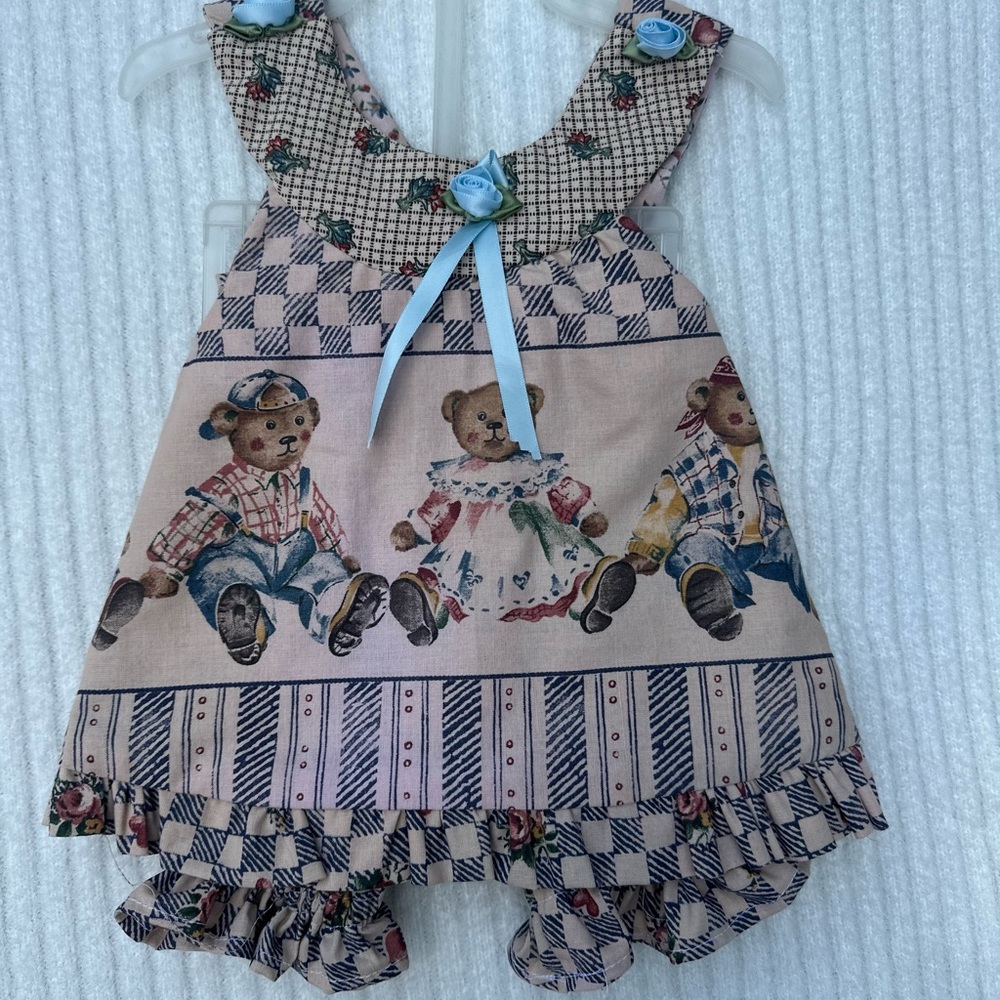 Charming Kids' Bear Print Dress with Blue Accents